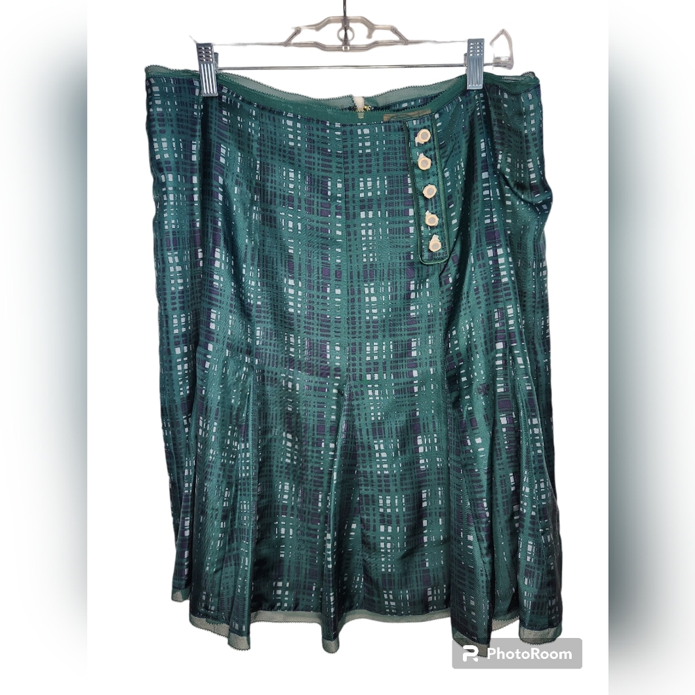 NWT Tory Burch Plaid Green Navy Blue 100% Silk Pleated Skirt Size 14